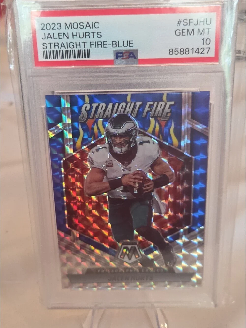 2023 Panini Mosaic Jalen Hurts Straight Fire Blue Prizm 31/99 PSA 10 GEM MINT
